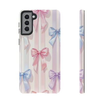 Pastel Ribbon Stripe Phone Case - Coquette Aesthetic Dual-Layer Bow Cover for iPhone 17, Samsung Galaxy & Google Pixel