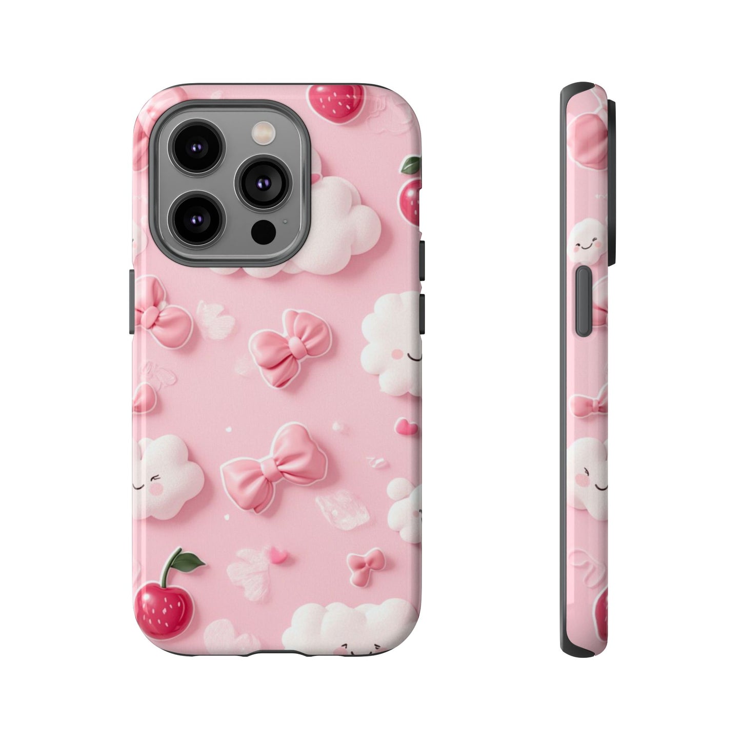 Cute Pink Kawaii Cloud and Cherry Phone Case - Tough Dual-Layer Cover with 3D Bows for iPhone 17, Samsung Galaxy & Pixel