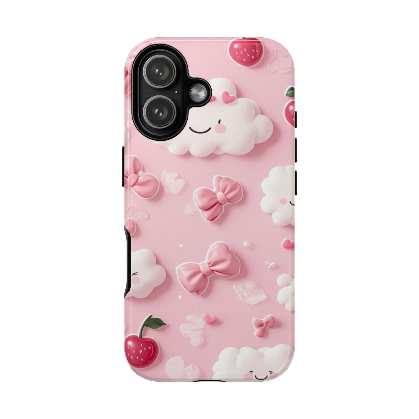 Cute Pink Kawaii Cloud and Cherry Phone Case - Tough Dual-Layer Cover with 3D Bows for iPhone 17, Samsung Galaxy & Pixel