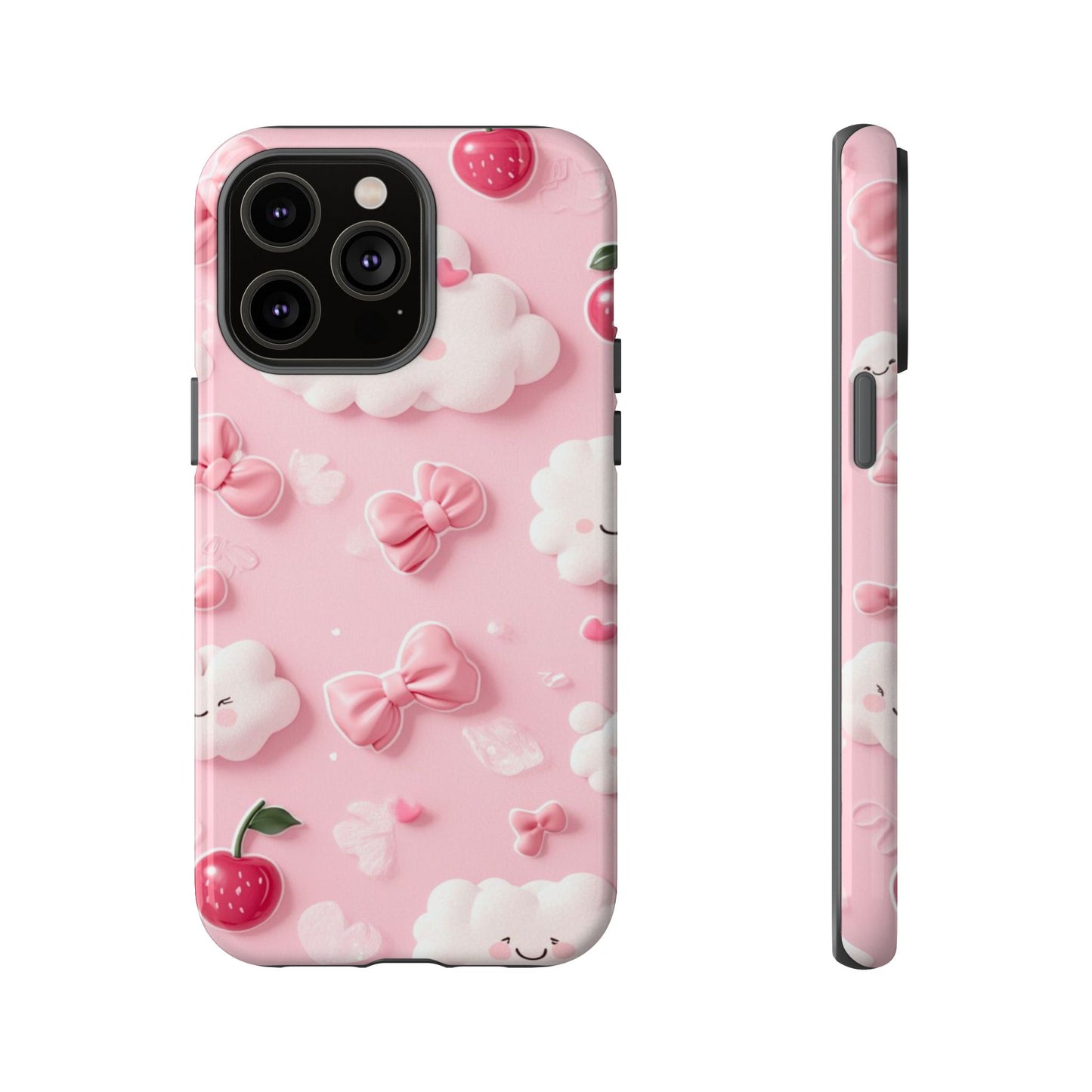 Cute Pink Kawaii Cloud and Cherry Phone Case - Tough Dual-Layer Cover with 3D Bows for iPhone 17, Samsung Galaxy & Pixel