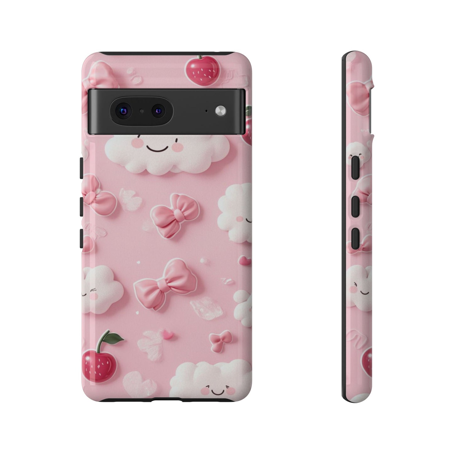 Cute Pink Kawaii Cloud and Cherry Phone Case - Tough Dual-Layer Cover with 3D Bows for iPhone 17, Samsung Galaxy & Pixel