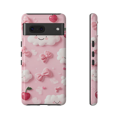 Cute Pink Kawaii Cloud and Cherry Phone Case - Tough Dual-Layer Cover with 3D Bows for iPhone 17, Samsung Galaxy & Pixel