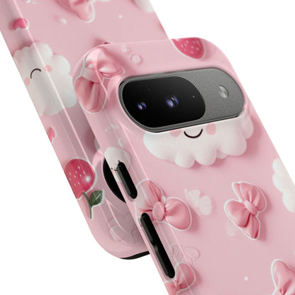 Cute Pink Kawaii Cloud and Cherry Phone Case - Tough Dual-Layer Cover with 3D Bows for iPhone 17, Samsung Galaxy & Pixel