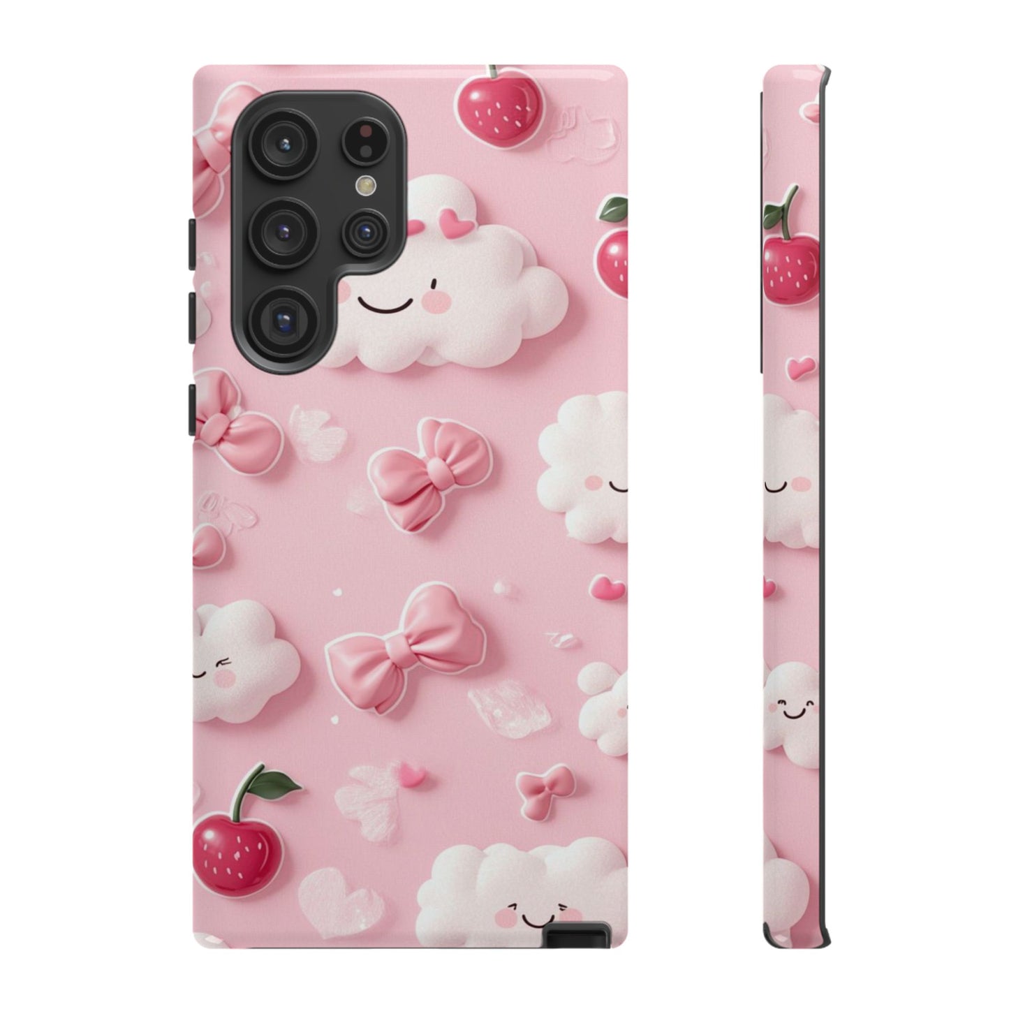 Cute Pink Kawaii Cloud and Cherry Phone Case - Tough Dual-Layer Cover with 3D Bows for iPhone 17, Samsung Galaxy & Pixel