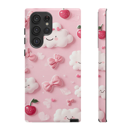 Cute Pink Kawaii Cloud and Cherry Phone Case - Tough Dual-Layer Cover with 3D Bows for iPhone 17, Samsung Galaxy & Pixel