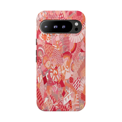 Vibrant Abstract Art Phone Case - Red Pink Geometric Collage Tough Cover for iPhone 17, Samsung Galaxy & Google Pixel