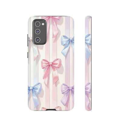 Pastel Ribbon Stripe Phone Case - Coquette Aesthetic Dual-Layer Bow Cover for iPhone 17, Samsung Galaxy & Google Pixel