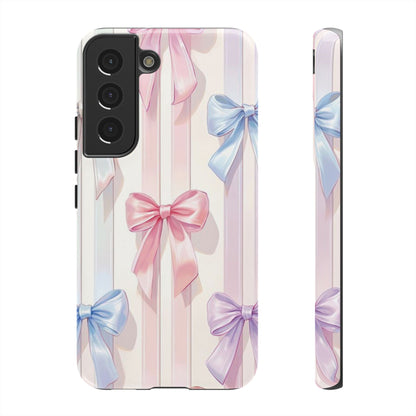 Pastel Ribbon Stripe Phone Case - Coquette Aesthetic Dual-Layer Bow Cover for iPhone 17, Samsung Galaxy & Google Pixel