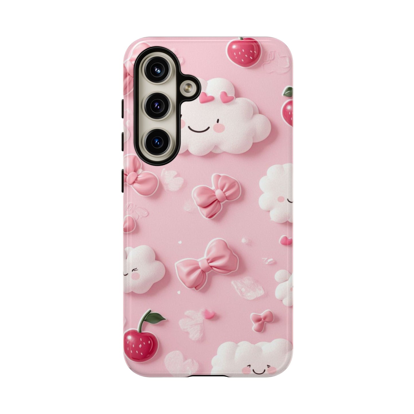 Cute Pink Kawaii Cloud and Cherry Phone Case - Tough Dual-Layer Cover with 3D Bows for iPhone 17, Samsung Galaxy & Pixel