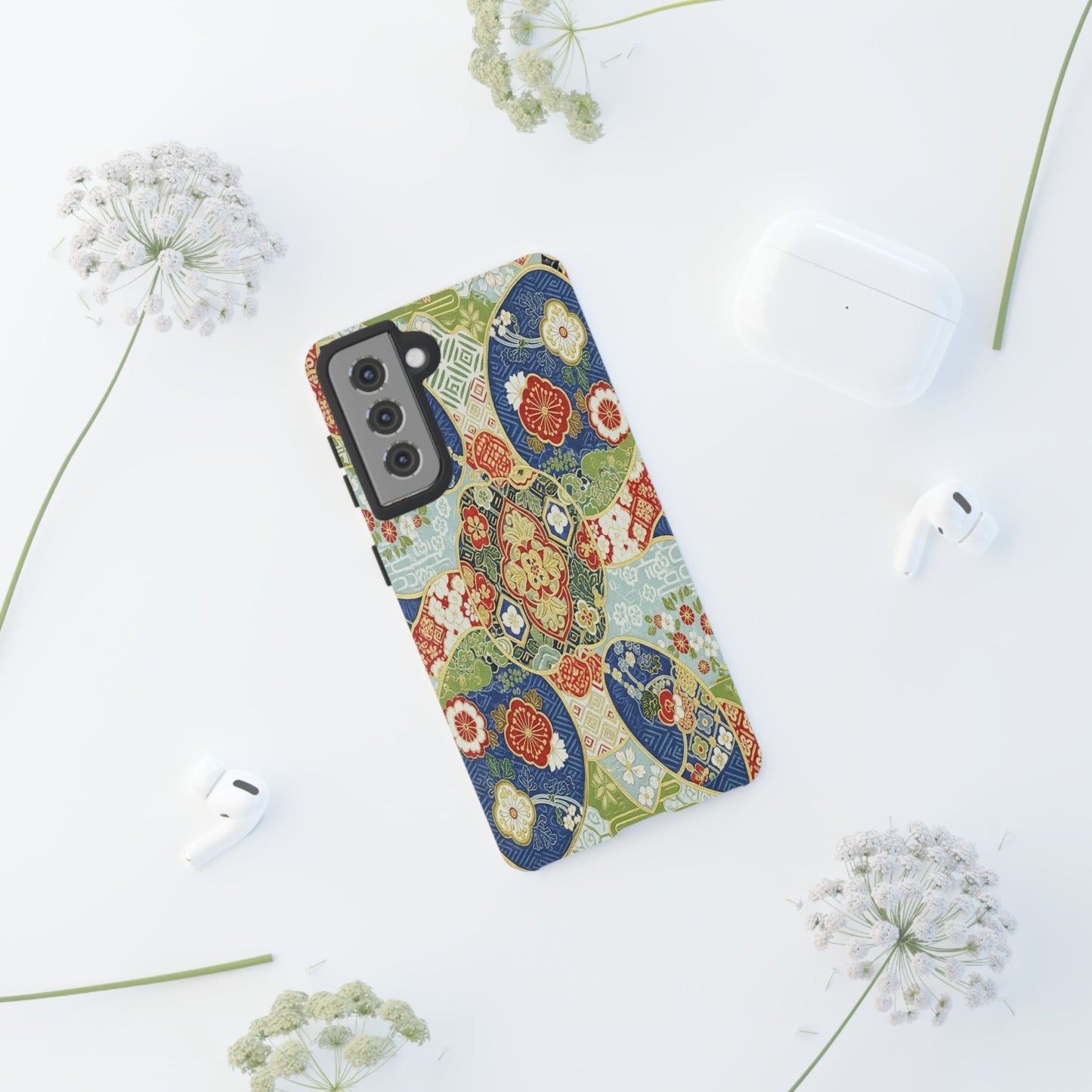 Vintage Japanese Kimono Floral Phone Case - Traditional Woven Pattern Tough Cover for iPhone 17, Samsung Galaxy & Google Pixel