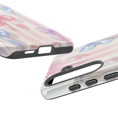 Pastel Ribbon Stripe Phone Case - Coquette Aesthetic Dual-Layer Bow Cover for iPhone 17, Samsung Galaxy & Google Pixel