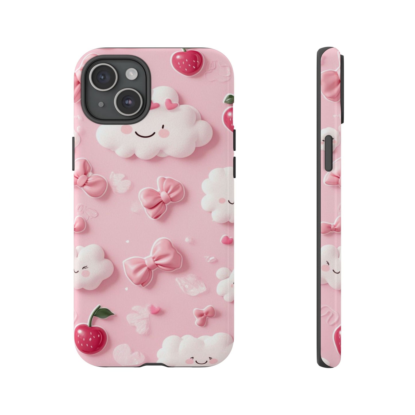 Cute Pink Kawaii Cloud and Cherry Phone Case - Tough Dual-Layer Cover with 3D Bows for iPhone 17, Samsung Galaxy & Pixel
