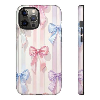 Pastel Ribbon Stripe Phone Case - Coquette Aesthetic Dual-Layer Bow Cover for iPhone 17, Samsung Galaxy & Google Pixel