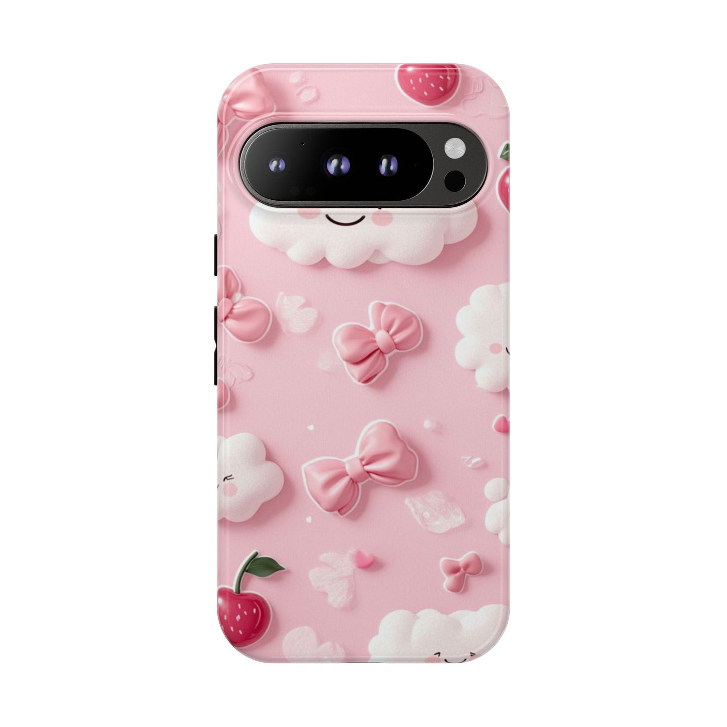 Cute Pink Kawaii Cloud and Cherry Phone Case - Tough Dual-Layer Cover with 3D Bows for iPhone 17, Samsung Galaxy & Pixel