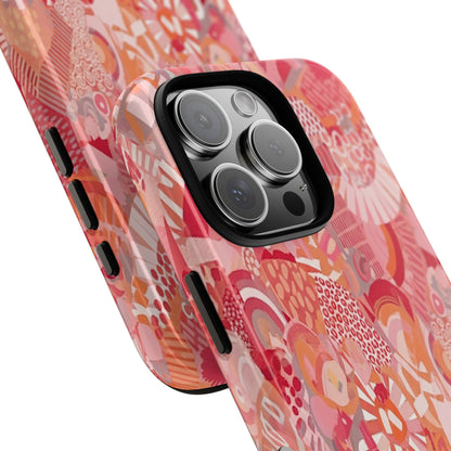 Vibrant Abstract Art Phone Case - Red Pink Geometric Collage Tough Cover for iPhone 17, Samsung Galaxy & Google Pixel