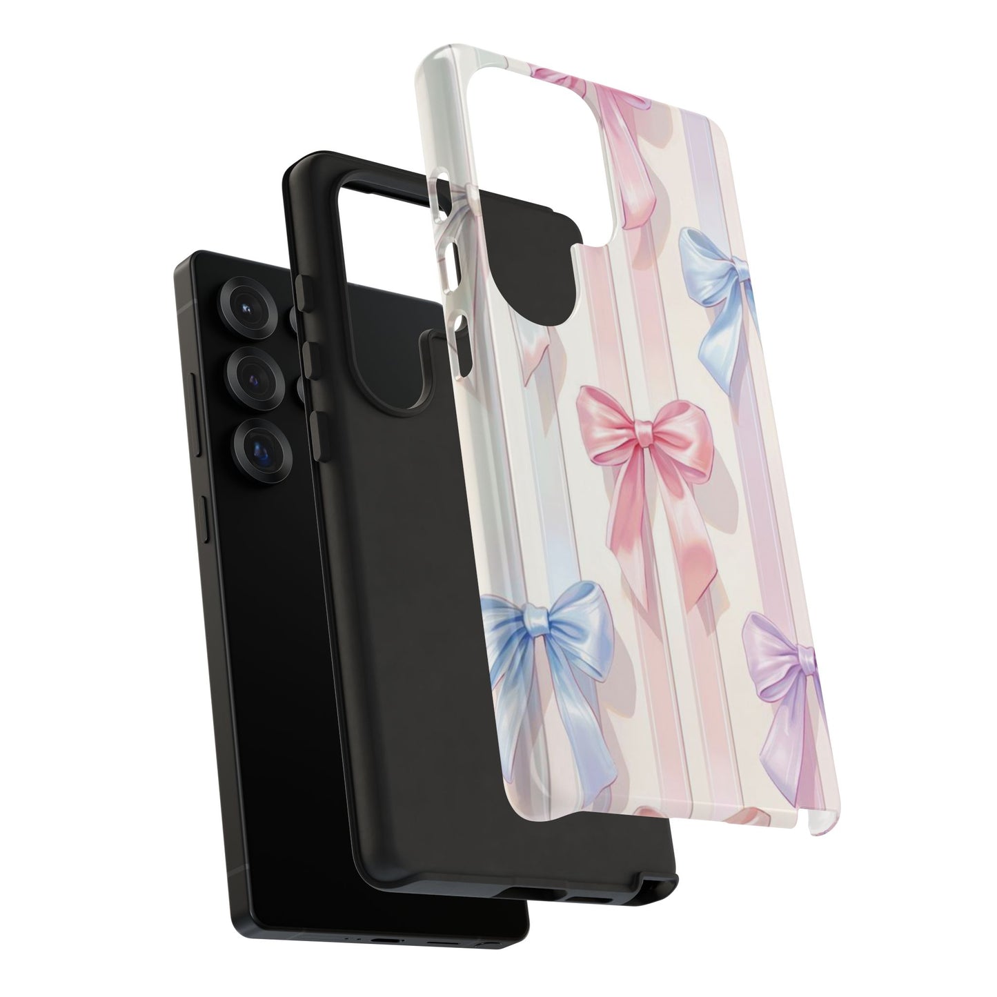 Pastel Ribbon Stripe Phone Case - Coquette Aesthetic Dual-Layer Bow Cover for iPhone 17, Samsung Galaxy & Google Pixel