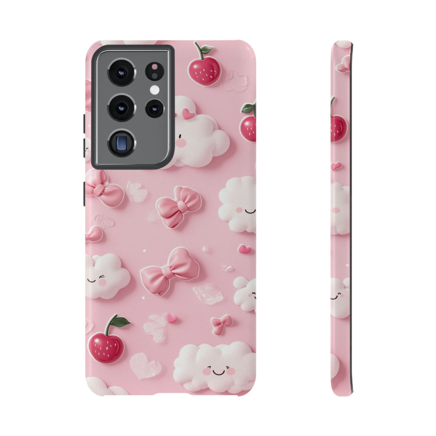 Cute Pink Kawaii Cloud and Cherry Phone Case - Tough Dual-Layer Cover with 3D Bows for iPhone 17, Samsung Galaxy & Pixel