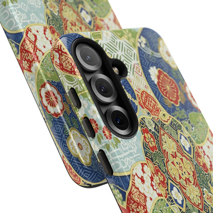 Vintage Japanese Kimono Floral Phone Case - Traditional Woven Pattern Tough Cover for iPhone 17, Samsung Galaxy & Google Pixel