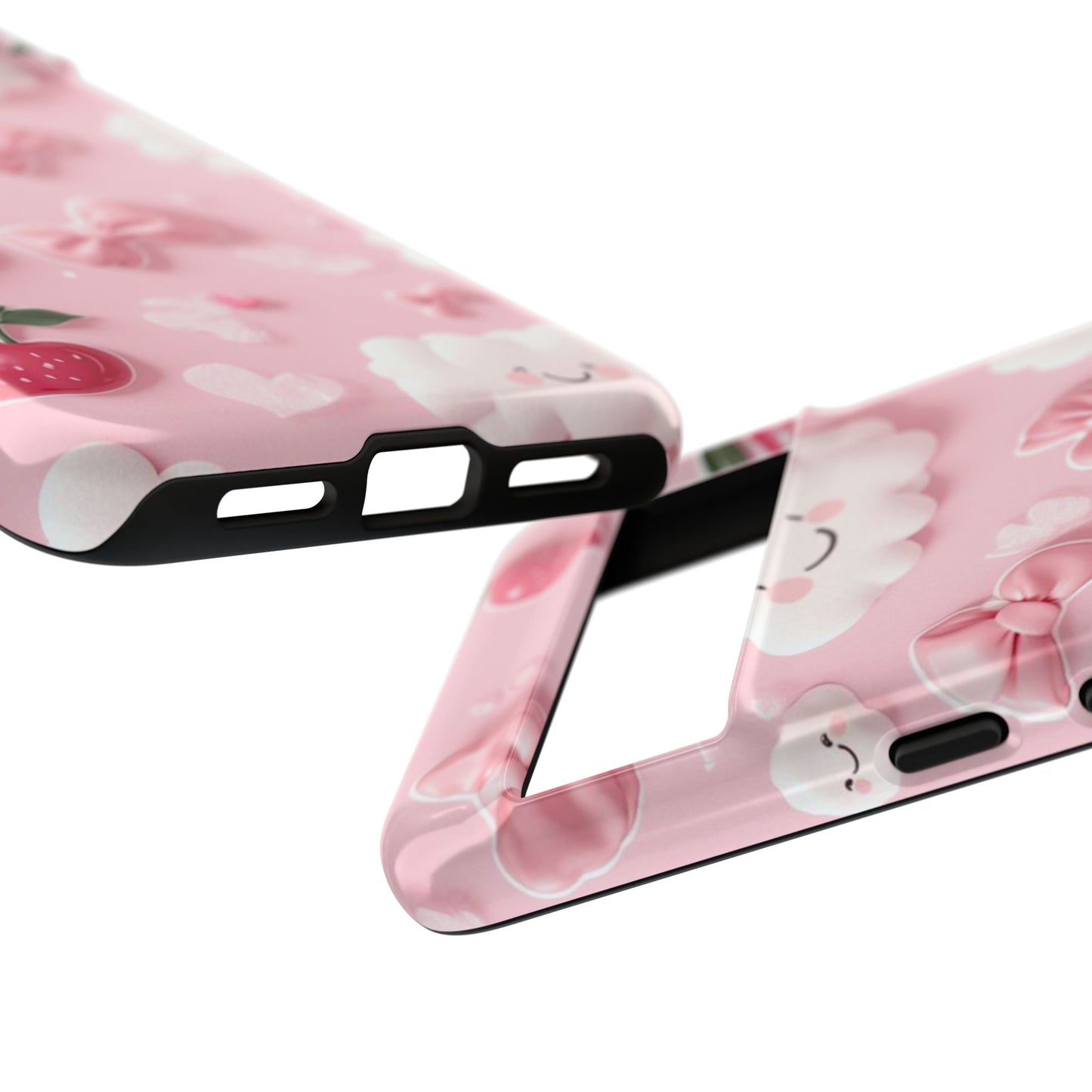 Cute Pink Kawaii Cloud and Cherry Phone Case - Tough Dual-Layer Cover with 3D Bows for iPhone 17, Samsung Galaxy & Pixel
