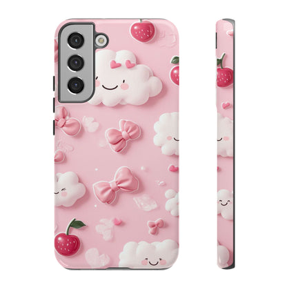Cute Pink Kawaii Cloud and Cherry Phone Case - Tough Dual-Layer Cover with 3D Bows for iPhone 17, Samsung Galaxy & Pixel