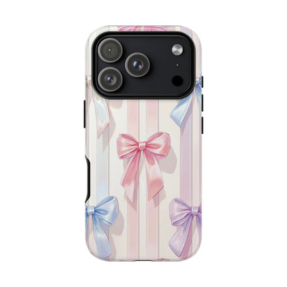 Pastel Ribbon Stripe Phone Case - Coquette Aesthetic Dual-Layer Bow Cover for iPhone 17, Samsung Galaxy & Google Pixel