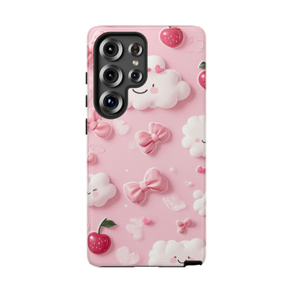 Cute Pink Kawaii Cloud and Cherry Phone Case - Tough Dual-Layer Cover with 3D Bows for iPhone 17, Samsung Galaxy & Pixel