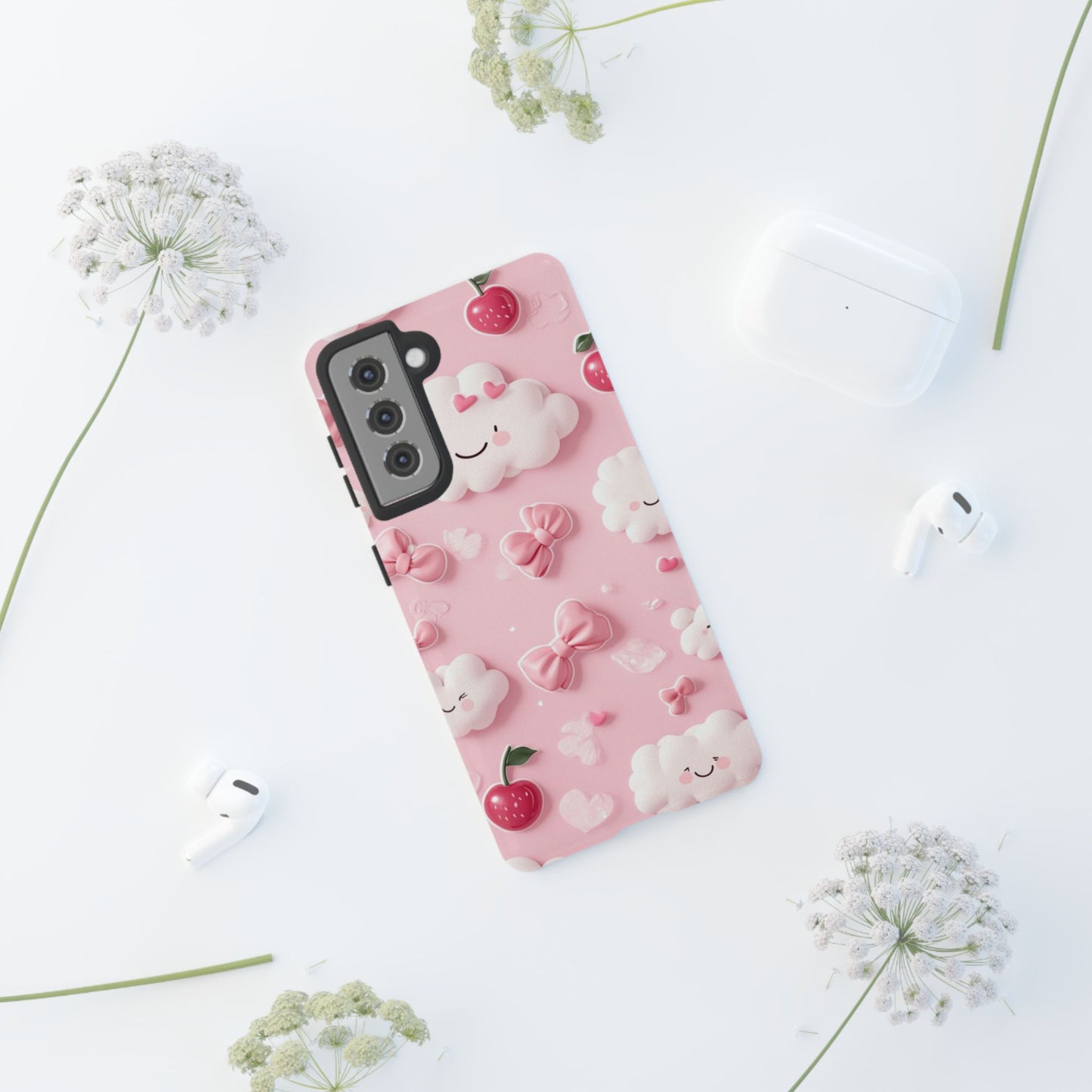 Cute Pink Kawaii Cloud and Cherry Phone Case - Tough Dual-Layer Cover with 3D Bows for iPhone 17, Samsung Galaxy & Pixel
