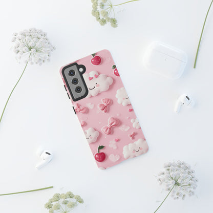 Cute Pink Kawaii Cloud and Cherry Phone Case - Tough Dual-Layer Cover with 3D Bows for iPhone 17, Samsung Galaxy & Pixel