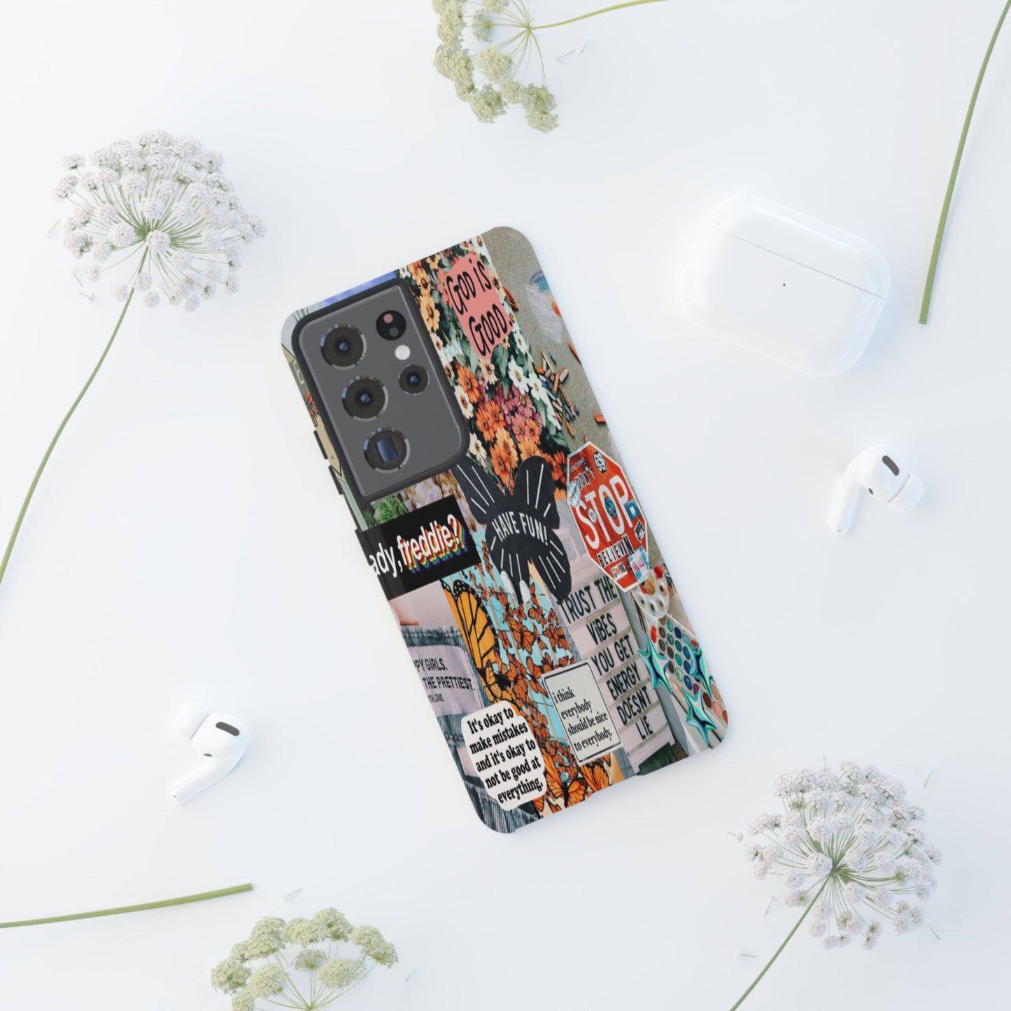 Retro Collage Aesthetic Phone Case - Positive Quote Butterfly Tough Cover for iPhone 17, Samsung Galaxy & Google Pixel