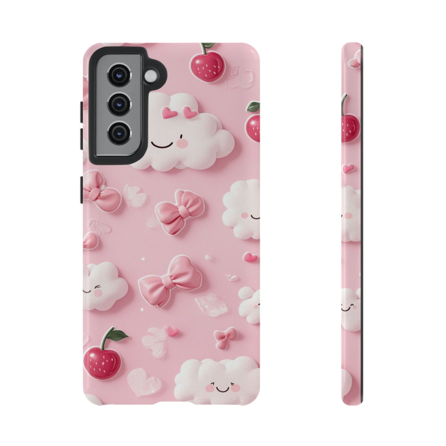 Cute Pink Kawaii Cloud and Cherry Phone Case - Tough Dual-Layer Cover with 3D Bows for iPhone 17, Samsung Galaxy & Pixel