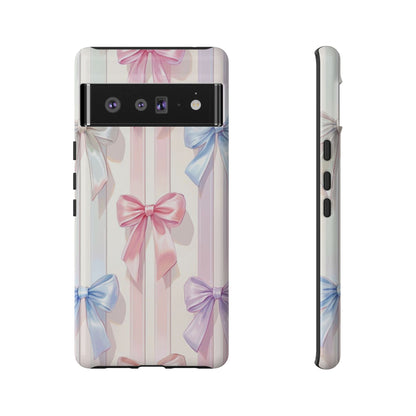Pastel Ribbon Stripe Phone Case - Coquette Aesthetic Dual-Layer Bow Cover for iPhone 17, Samsung Galaxy & Google Pixel