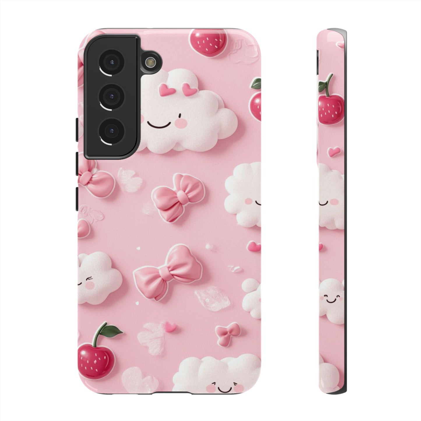 Cute Pink Kawaii Cloud and Cherry Phone Case - Tough Dual-Layer Cover with 3D Bows for iPhone 17, Samsung Galaxy & Pixel