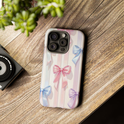 Pastel Ribbon Stripe Phone Case - Coquette Aesthetic Dual-Layer Bow Cover for iPhone 17, Samsung Galaxy & Google Pixel