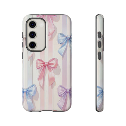 Pastel Ribbon Stripe Phone Case - Coquette Aesthetic Dual-Layer Bow Cover for iPhone 17, Samsung Galaxy & Google Pixel