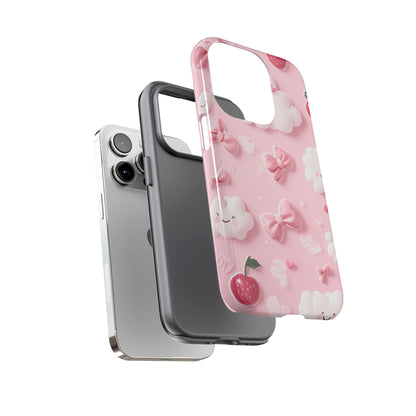Cute Pink Kawaii Cloud and Cherry Phone Case - Tough Dual-Layer Cover with 3D Bows for iPhone 17, Samsung Galaxy & Pixel