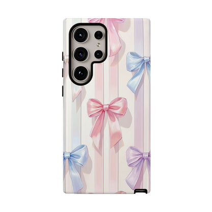 Pastel Ribbon Stripe Phone Case - Coquette Aesthetic Dual-Layer Bow Cover for iPhone 17, Samsung Galaxy & Google Pixel