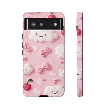 Cute Pink Kawaii Cloud and Cherry Phone Case - Tough Dual-Layer Cover with 3D Bows for iPhone 17, Samsung Galaxy & Pixel