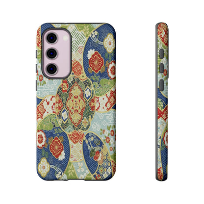 Vintage Japanese Kimono Floral Phone Case - Traditional Woven Pattern Tough Cover for iPhone 17, Samsung Galaxy & Google Pixel