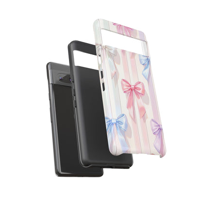 Pastel Ribbon Stripe Phone Case - Coquette Aesthetic Dual-Layer Bow Cover for iPhone 17, Samsung Galaxy & Google Pixel