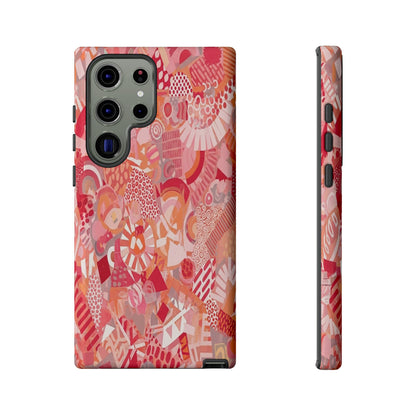 Vibrant Abstract Art Phone Case - Red Pink Geometric Collage Tough Cover for iPhone 17, Samsung Galaxy & Google Pixel