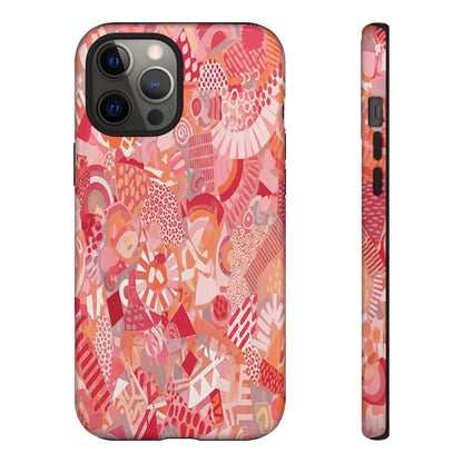 Vibrant Abstract Art Phone Case - Red Pink Geometric Collage Tough Cover for iPhone 17, Samsung Galaxy & Google Pixel