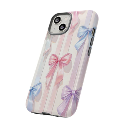 Pastel Ribbon Stripe Phone Case - Coquette Aesthetic Dual-Layer Bow Cover for iPhone 17, Samsung Galaxy & Google Pixel