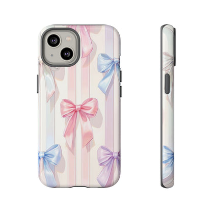 Pastel Ribbon Stripe Phone Case - Coquette Aesthetic Dual-Layer Bow Cover for iPhone 17, Samsung Galaxy & Google Pixel