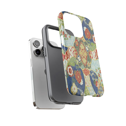Vintage Japanese Kimono Floral Phone Case - Traditional Woven Pattern Tough Cover for iPhone 17, Samsung Galaxy & Google Pixel