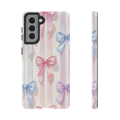 Pastel Ribbon Stripe Phone Case - Coquette Aesthetic Dual-Layer Bow Cover for iPhone 17, Samsung Galaxy & Google Pixel