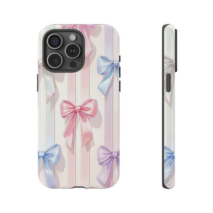 Pastel Ribbon Stripe Phone Case - Coquette Aesthetic Dual-Layer Bow Cover for iPhone 17, Samsung Galaxy & Google Pixel
