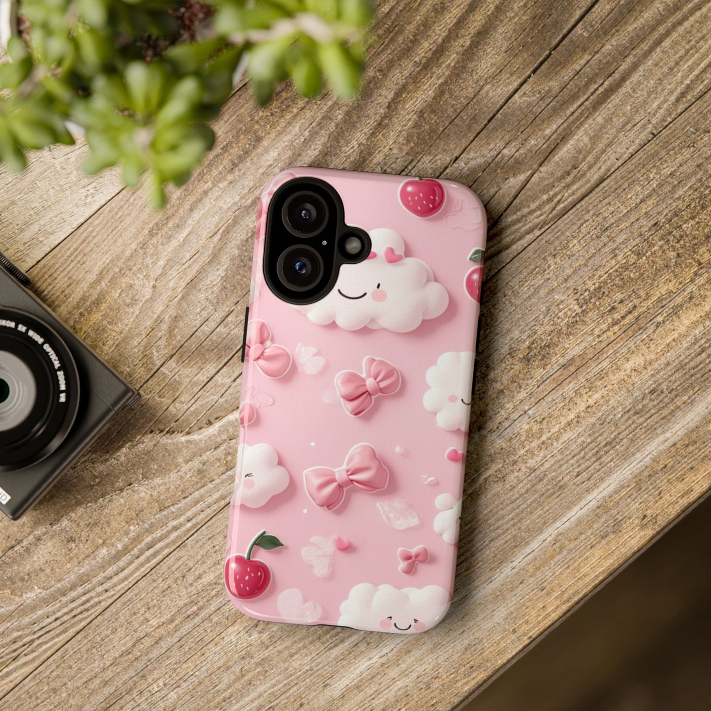 Cute Pink Kawaii Cloud and Cherry Phone Case - Tough Dual-Layer Cover with 3D Bows for iPhone 17, Samsung Galaxy & Pixel