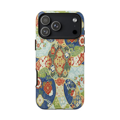 Vintage Japanese Kimono Floral Phone Case - Traditional Woven Pattern Tough Cover for iPhone 17, Samsung Galaxy & Google Pixel