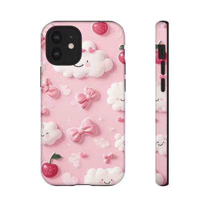 Cute Pink Kawaii Cloud and Cherry Phone Case - Tough Dual-Layer Cover with 3D Bows for iPhone 17, Samsung Galaxy & Pixel