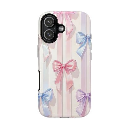 Pastel Ribbon Stripe Phone Case - Coquette Aesthetic Dual-Layer Bow Cover for iPhone 17, Samsung Galaxy & Google Pixel